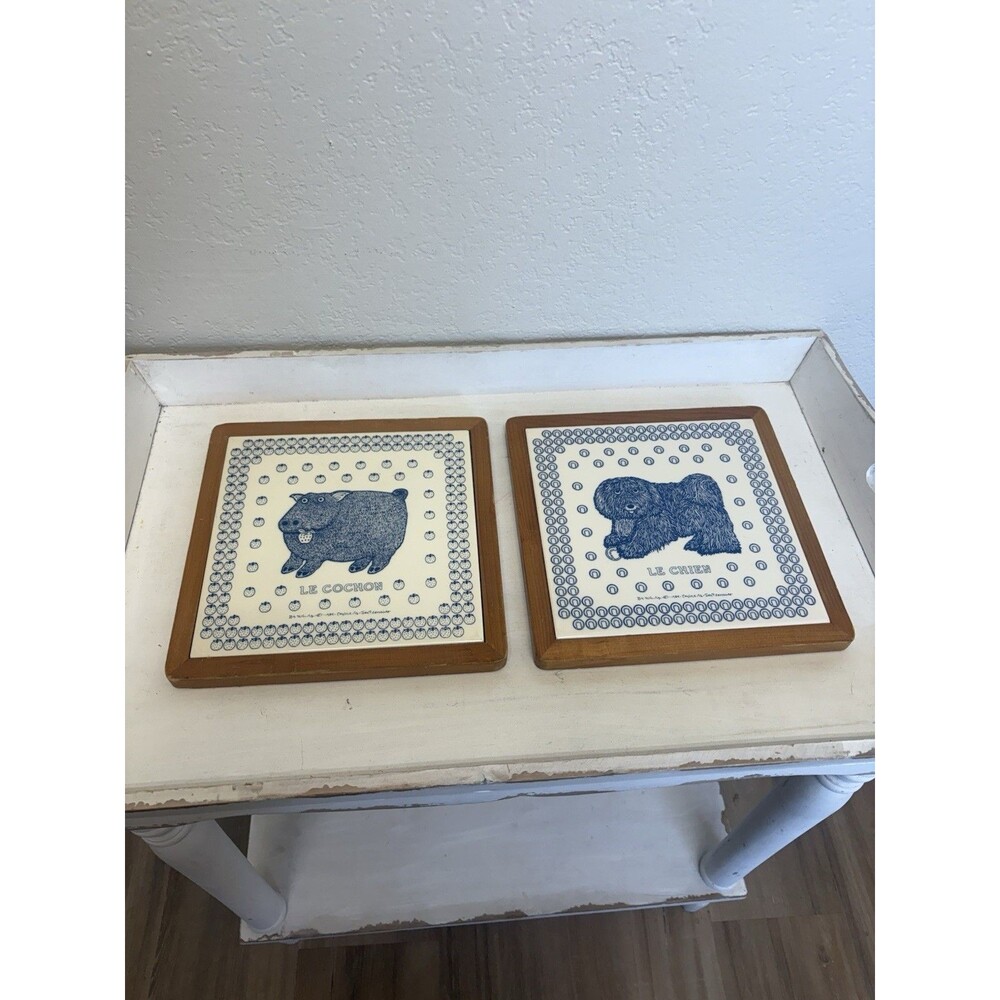 Le Cochon & Le Chien Ceramic and Wood Trivet Set of 2 1984 Blue Animal Print
